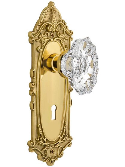 Largo Mortise-Lock Set with Chateau Crystal Glass Knobs in Polished Brass.